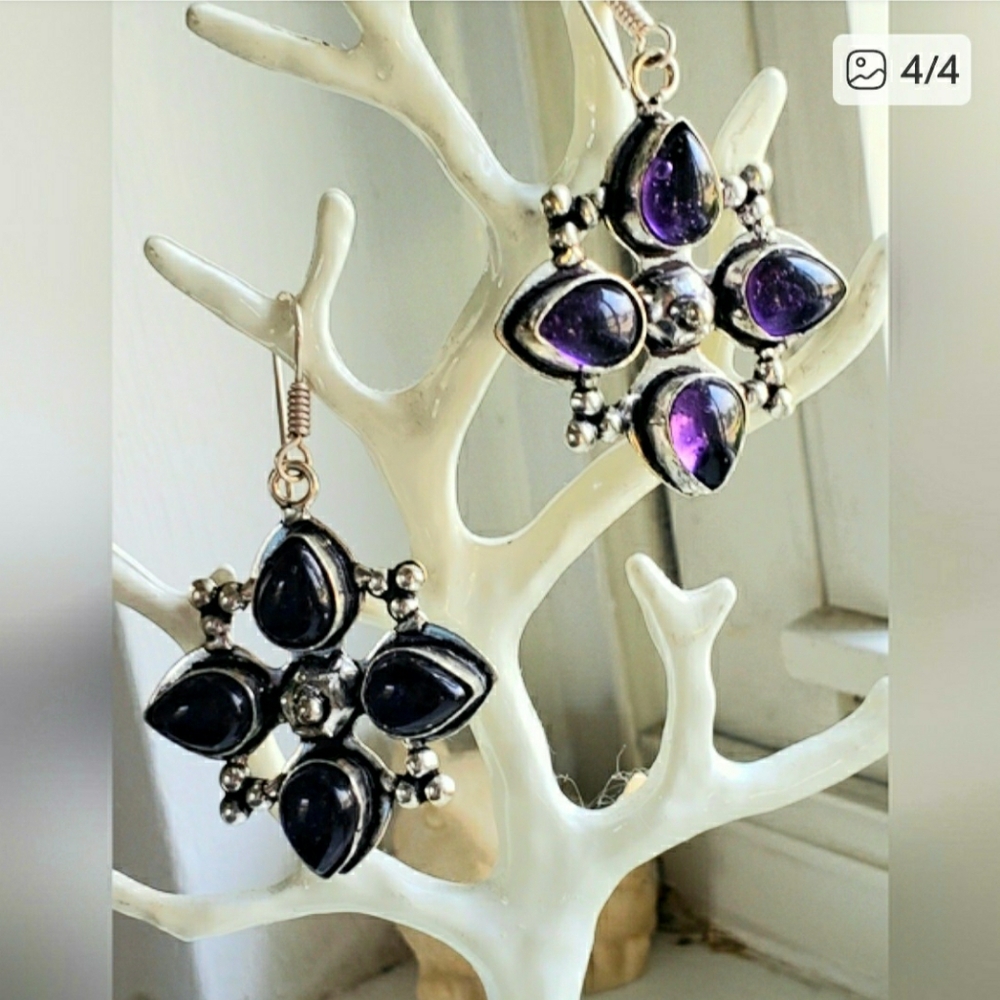 Earrings, new, huge amethysts set in 925 silver, handmade by Indian artisan.